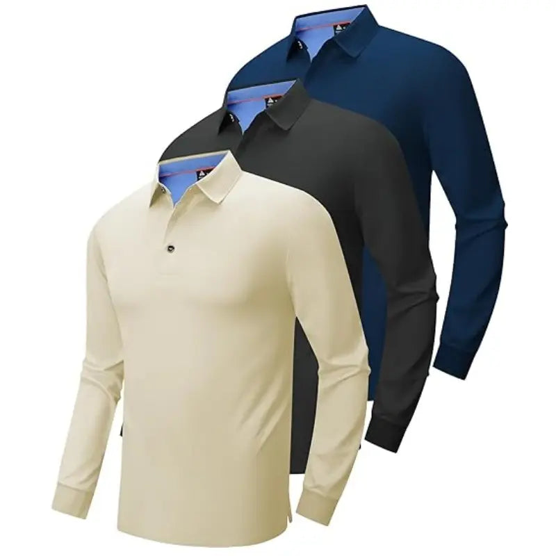 Men’S Long Sleeve Polo Shirt, 3-Pack — Moisture-Wicking Golf/Business Travel Casual Turn-Down Collar Shirt Block Color Dry Quick