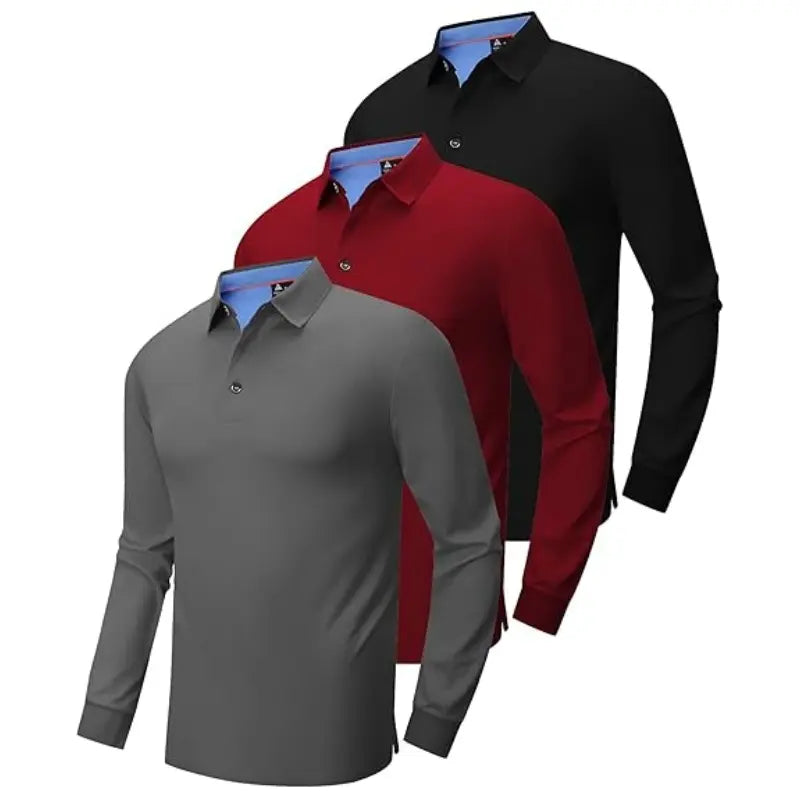 Men’S Long Sleeve Polo Shirt, 3-Pack — Moisture-Wicking Golf/Business Travel Casual Turn-Down Collar Shirt Block Color Dry Quick
