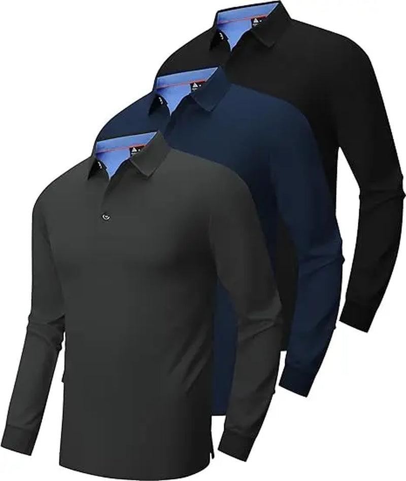 Men’S Long Sleeve Polo Shirt, 3-Pack — Moisture-Wicking Golf/Business Travel Casual Turn-Down Collar Shirt Block Color Dry Quick