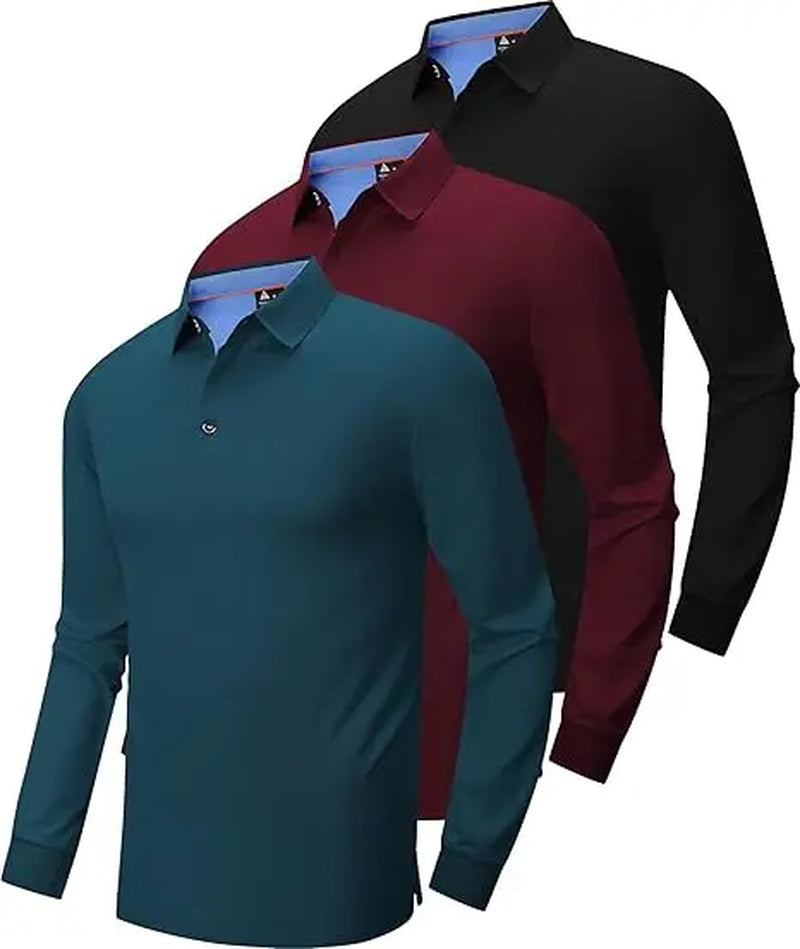 Men’S Long Sleeve Polo Shirt, 3-Pack — Moisture-Wicking Golf/Business Travel Casual Turn-Down Collar Shirt Block Color Dry Quick