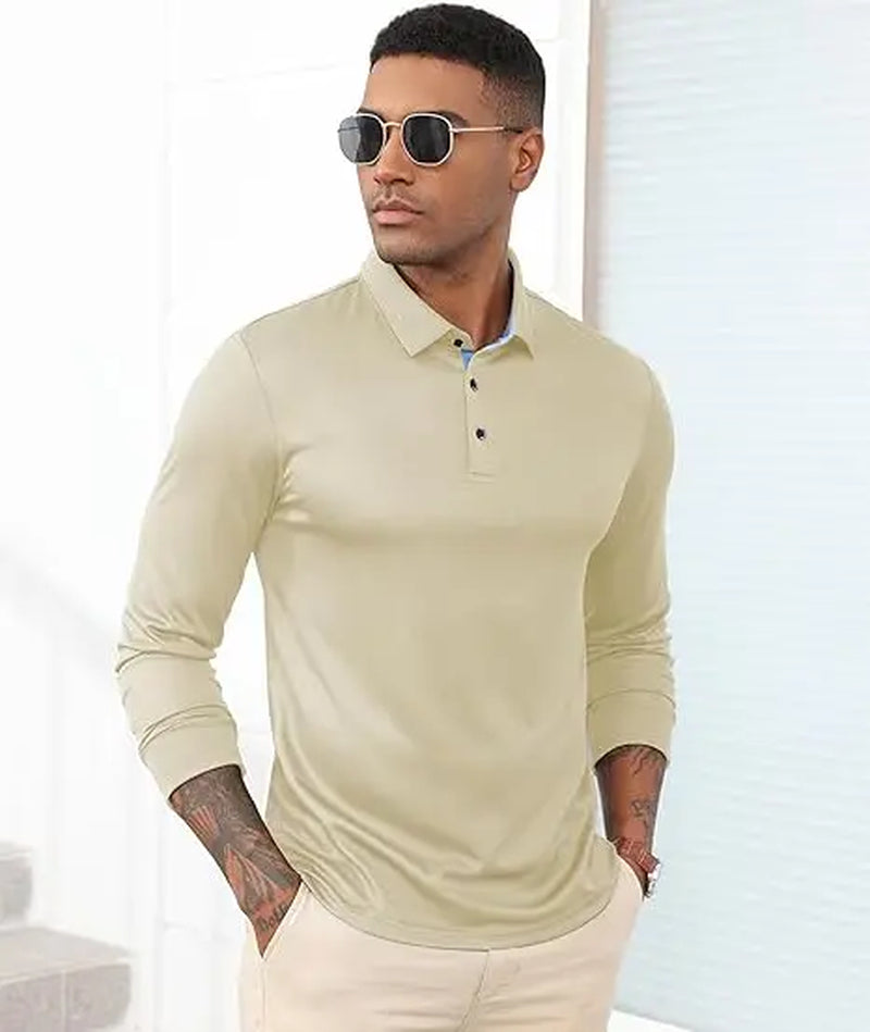 Men’S Long Sleeve Polo Shirt, 3-Pack — Moisture-Wicking Golf/Business Travel Casual Turn-Down Collar Shirt Block Color Dry Quick