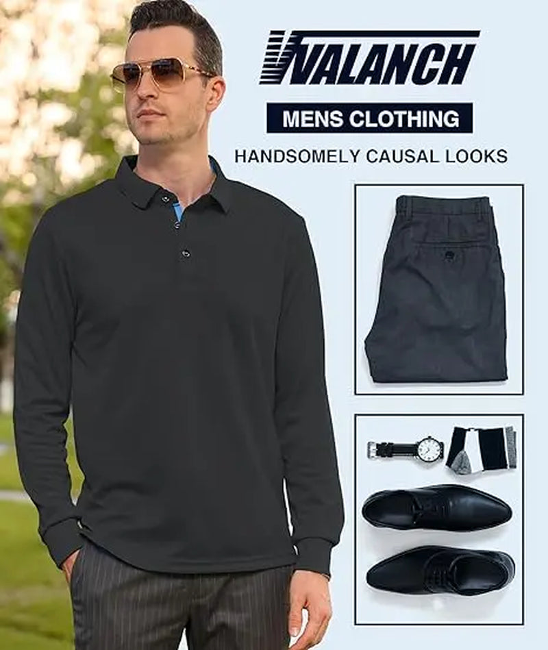 Men’S Long Sleeve Polo Shirt, 3-Pack — Moisture-Wicking Golf/Business Travel Casual Turn-Down Collar Shirt Block Color Dry Quick