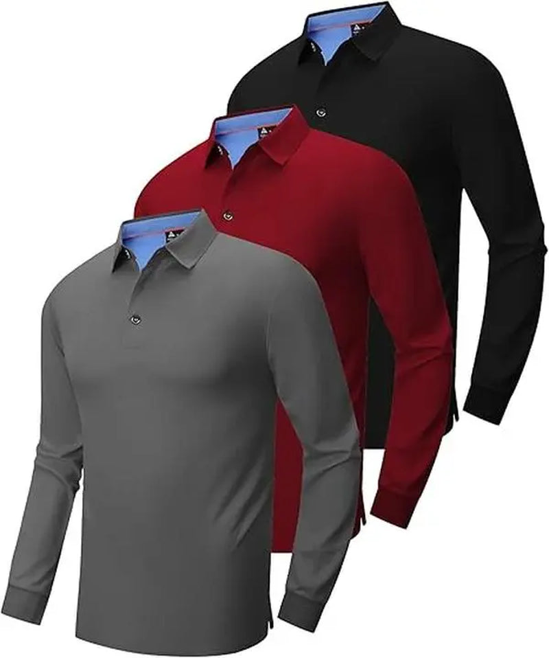 Men’S Long Sleeve Polo Shirt, 3-Pack — Moisture-Wicking Golf/Business Travel Casual Turn-Down Collar Shirt Block Color Dry Quick