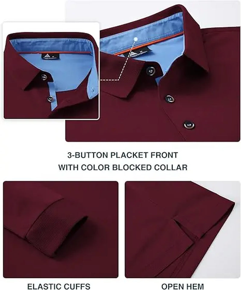 Men’S Long Sleeve Polo Shirt, 3-Pack — Moisture-Wicking Golf/Business Travel Casual Turn-Down Collar Shirt Block Color Dry Quick
