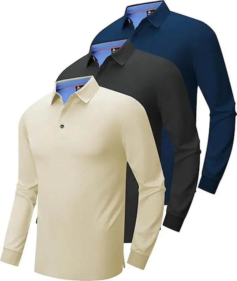 Men’S Long Sleeve Polo Shirt, 3-Pack — Moisture-Wicking Golf/Business Travel Casual Turn-Down Collar Shirt Block Color Dry Quick
