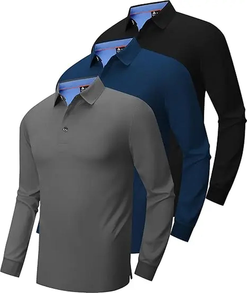 Men’S Long Sleeve Polo Shirt, 3-Pack — Moisture-Wicking Golf/Business Travel Casual Turn-Down Collar Shirt Block Color Dry Quick