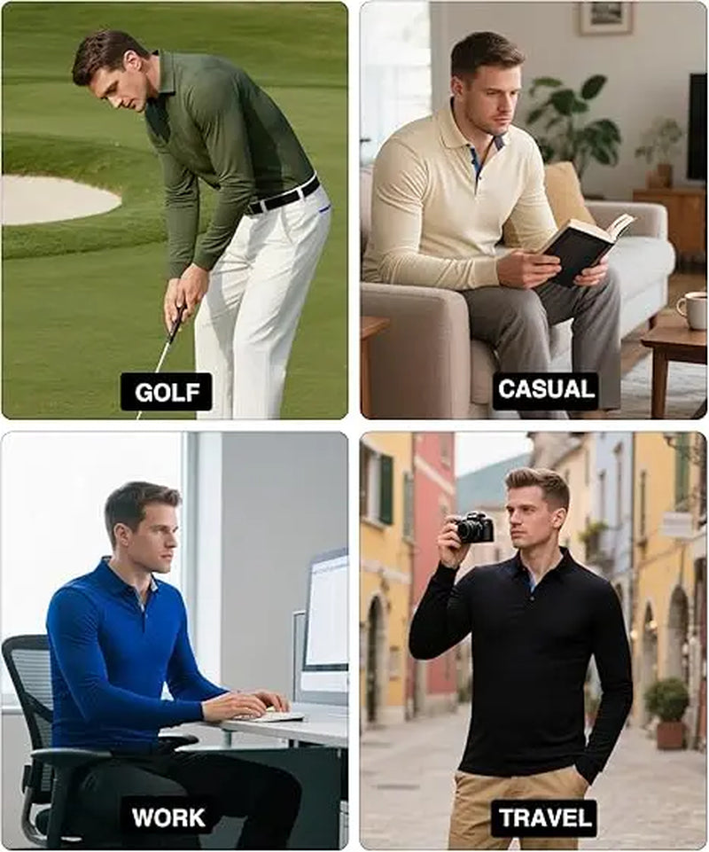 Men’S Long Sleeve Polo Shirt, 3-Pack — Moisture-Wicking Golf/Business Travel Casual Turn-Down Collar Shirt Block Color Dry Quick