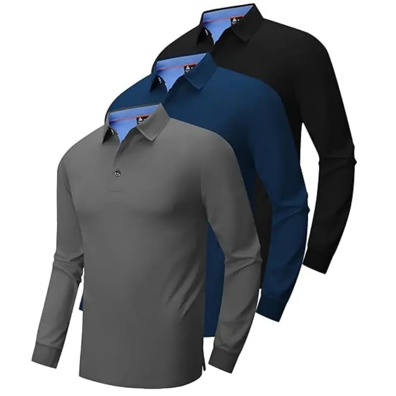 Men’S Long Sleeve Polo Shirt, 3-Pack — Moisture-Wicking Golf/Business Travel Casual Turn-Down Collar Shirt Block Color Dry Quick