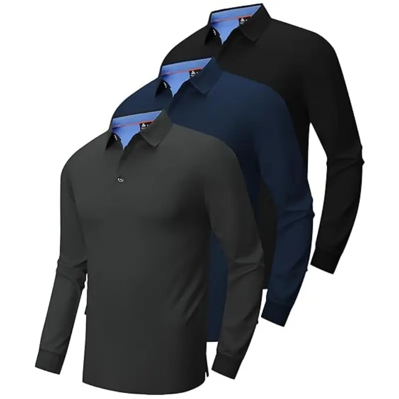 Men’S Long Sleeve Polo Shirt, 3-Pack — Moisture-Wicking Golf/Business Travel Casual Turn-Down Collar Shirt Block Color Dry Quick