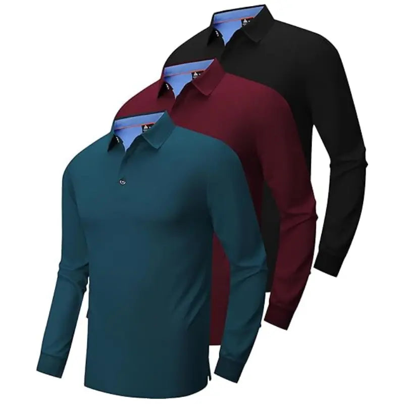 Men’S Long Sleeve Polo Shirt, 3-Pack — Moisture-Wicking Golf/Business Travel Casual Turn-Down Collar Shirt Block Color Dry Quick